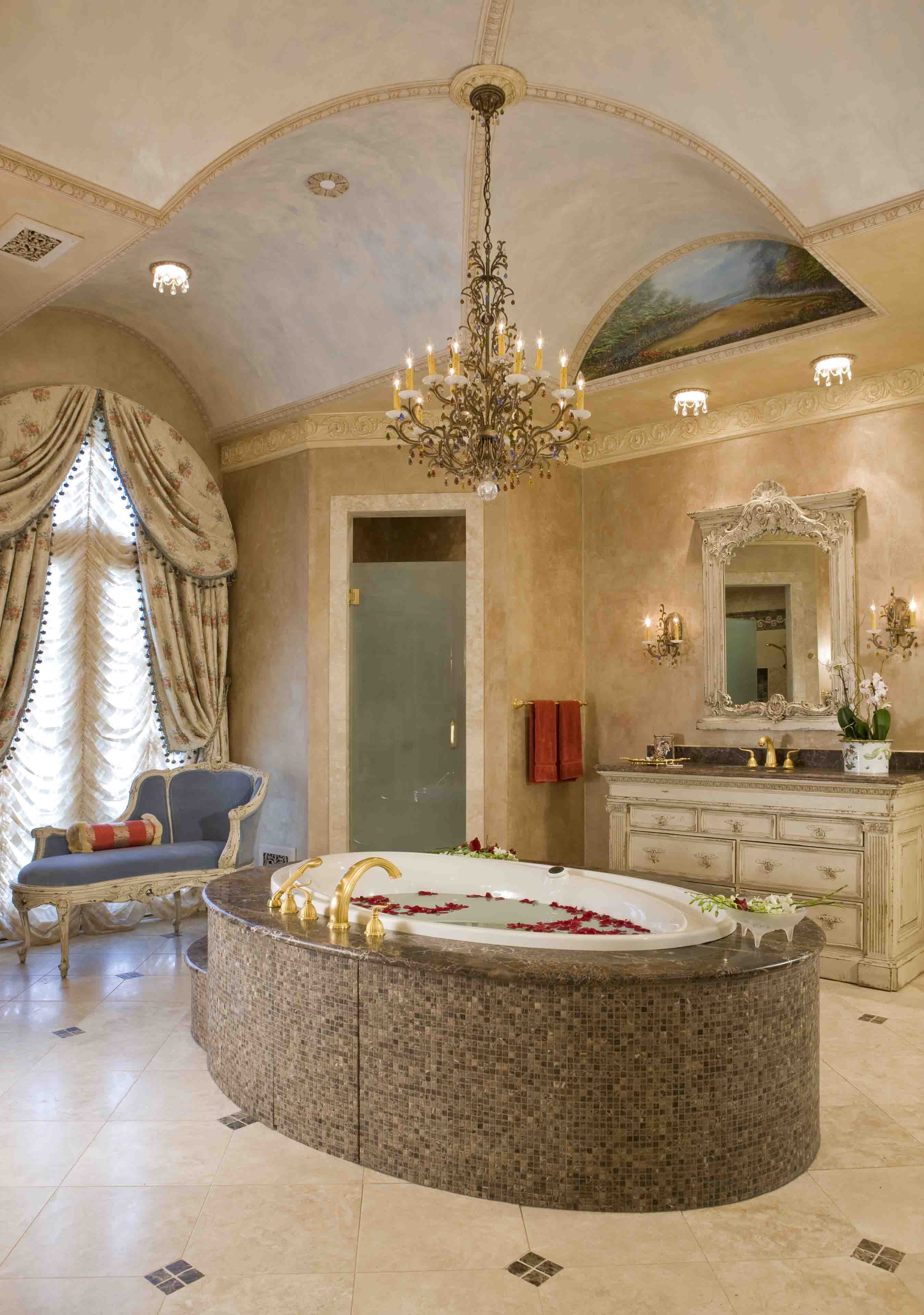 Luxury master bathroom with spa and antique cabinetry