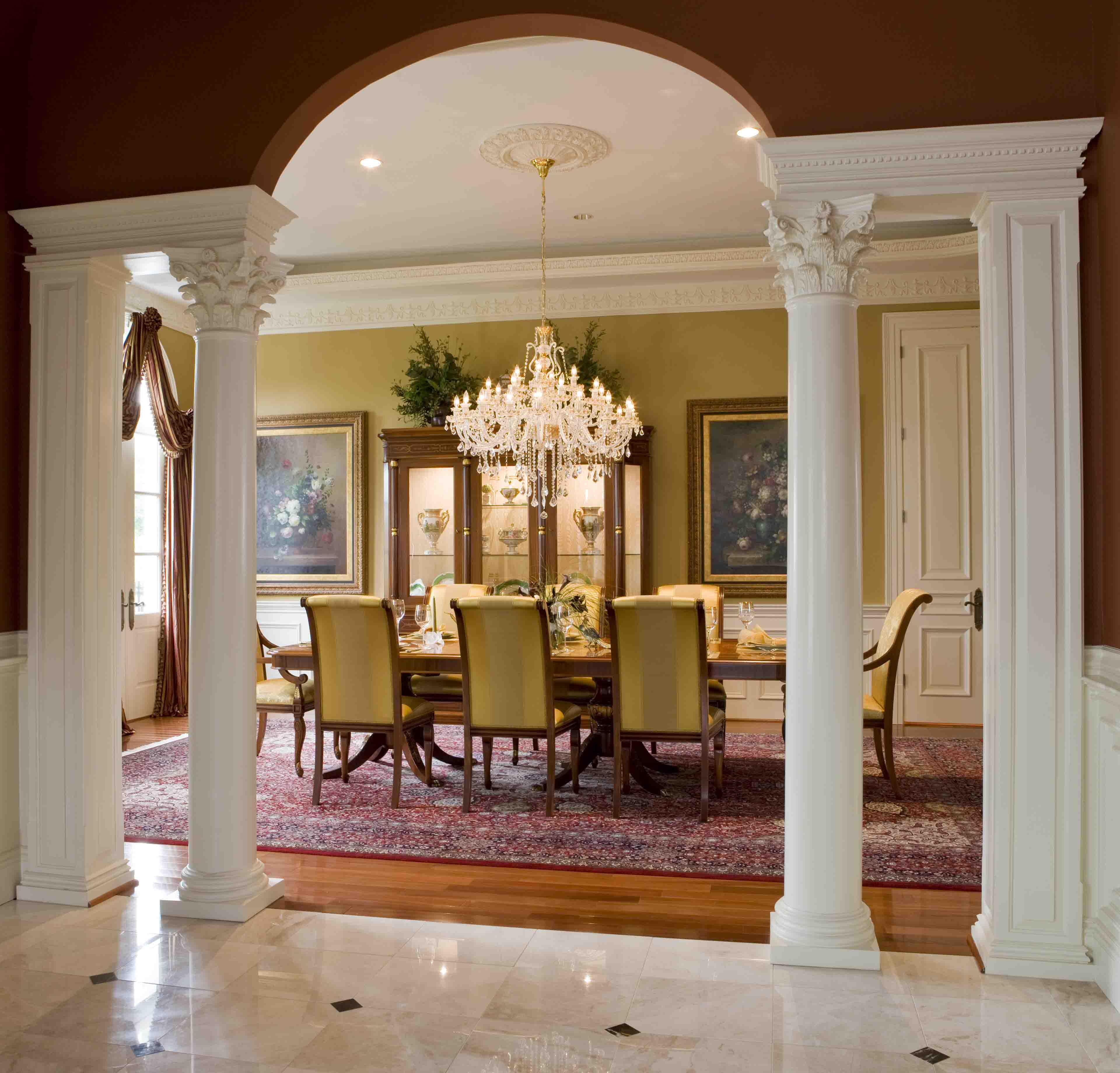 Luxury dining room with columns in mansion in Potomac, Maryland